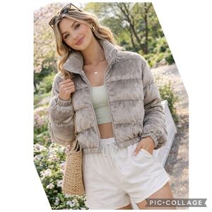 SACRE VELOUR PUFFER OVERSIZED CROPPED LIFESTYLE JACKET STONE GRAY